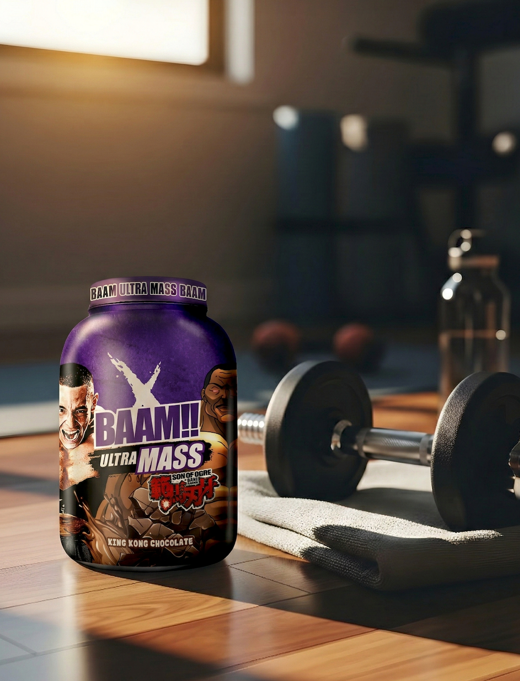 A large purple tub of "BAAM!! ULTRA MASS" King Kong Chocolate supplement sits on a wooden gym floor next to a dumbbell and a white towel, with a water bottle and blurred gym equipment in the background.