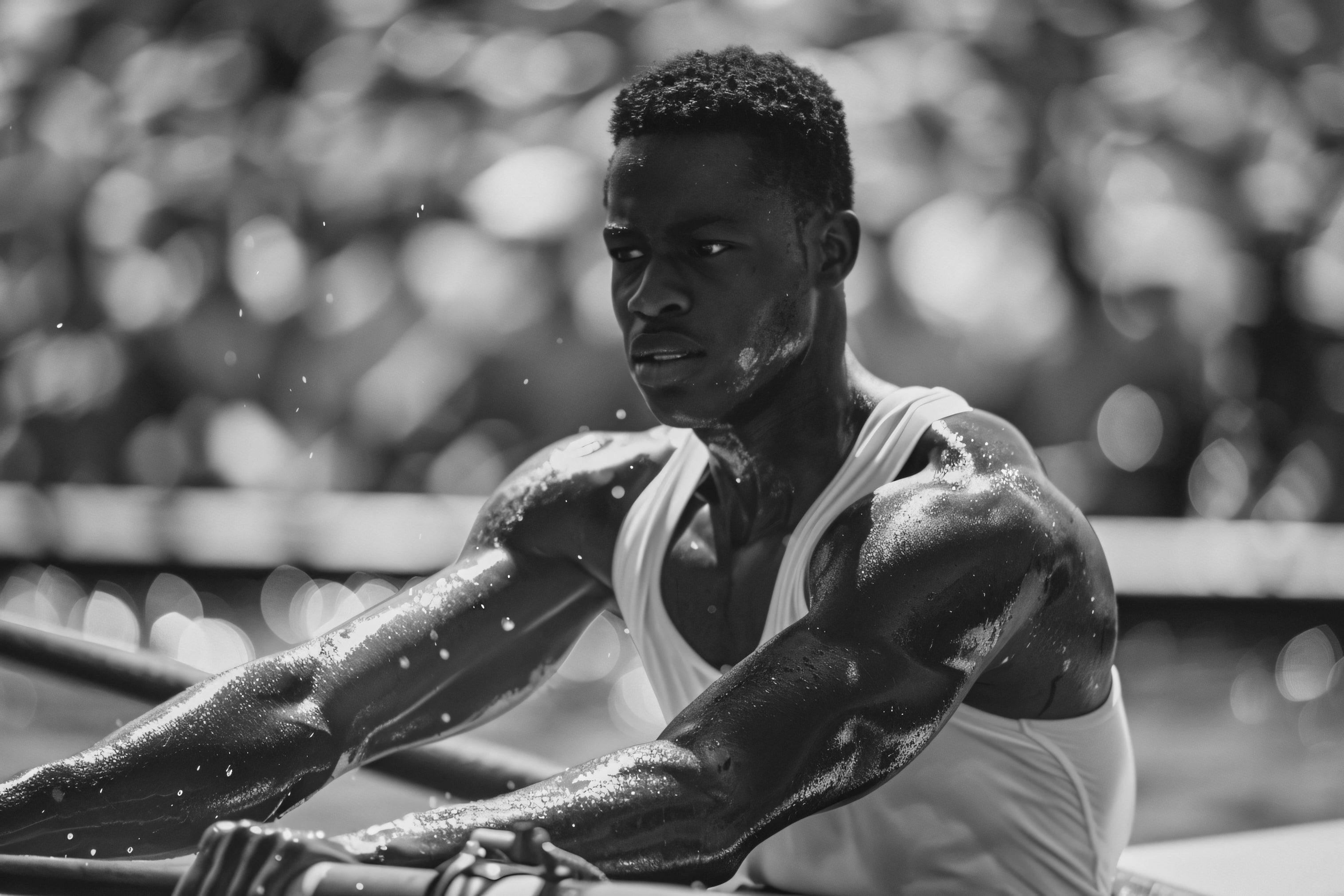 A black and white photograph of a muscular man in a tank top rowing a boat, with water droplets visible on his skin and the oars.